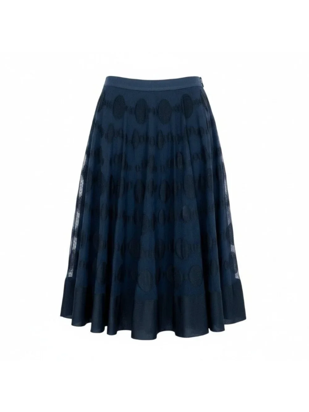Chanel Polka Dot Knit Flare Skirt CC Logo 34 Navy